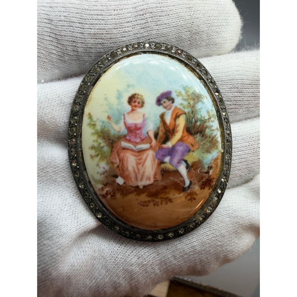 Antique Porcelain Portrait Brooch Victorian Couple Marcasite Frame C Clasp #1029